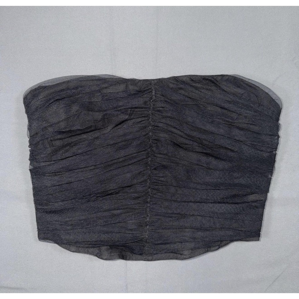 Open Edit Strapless Tank Top Womens Small Black Ruched Mesh Crop Zip Bustier